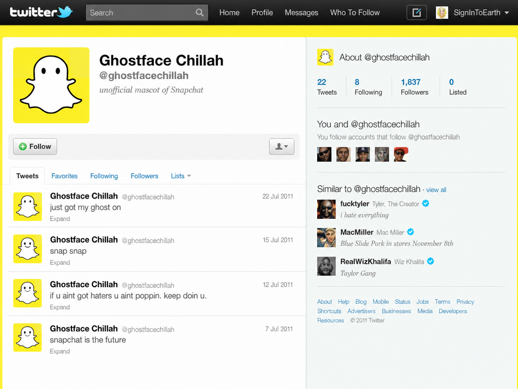 Screenshot of the real @chillahcoin X/Twitter profile: 'Ghostface Chillah@SNAP och gillar att äta' — bio reads 'the unofficial mascot character for SNAP… attending Picaboo', joined July 2011